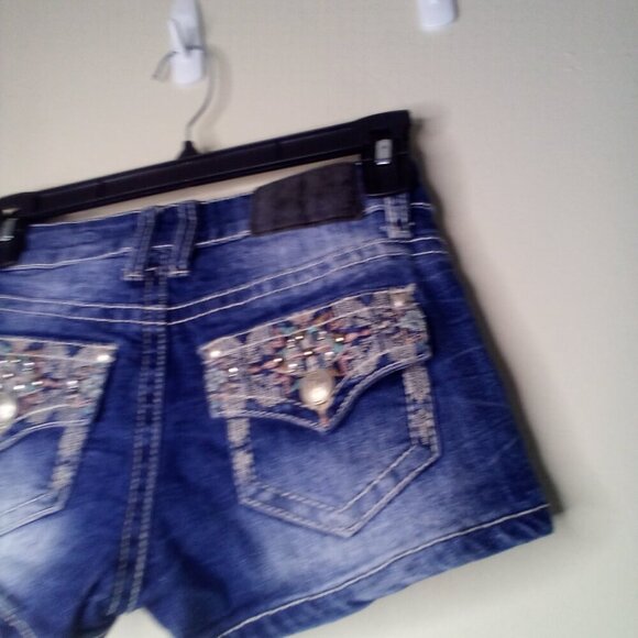 Soundgirl Shorts Juniors 1 Button Pockets Embroidery Rhinestones Denim Blue - Picture 11 of 14